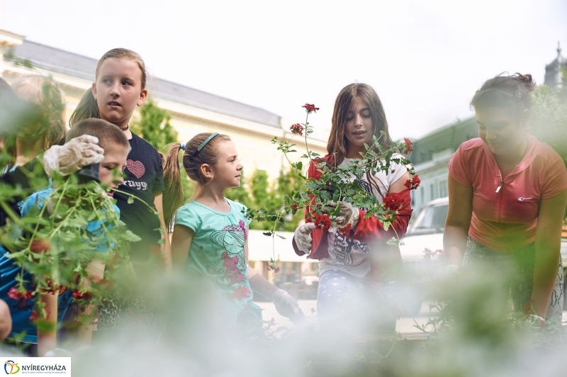 Virágültetés a Petőfi iskolás diákokkal - fotó Szarka Lajos