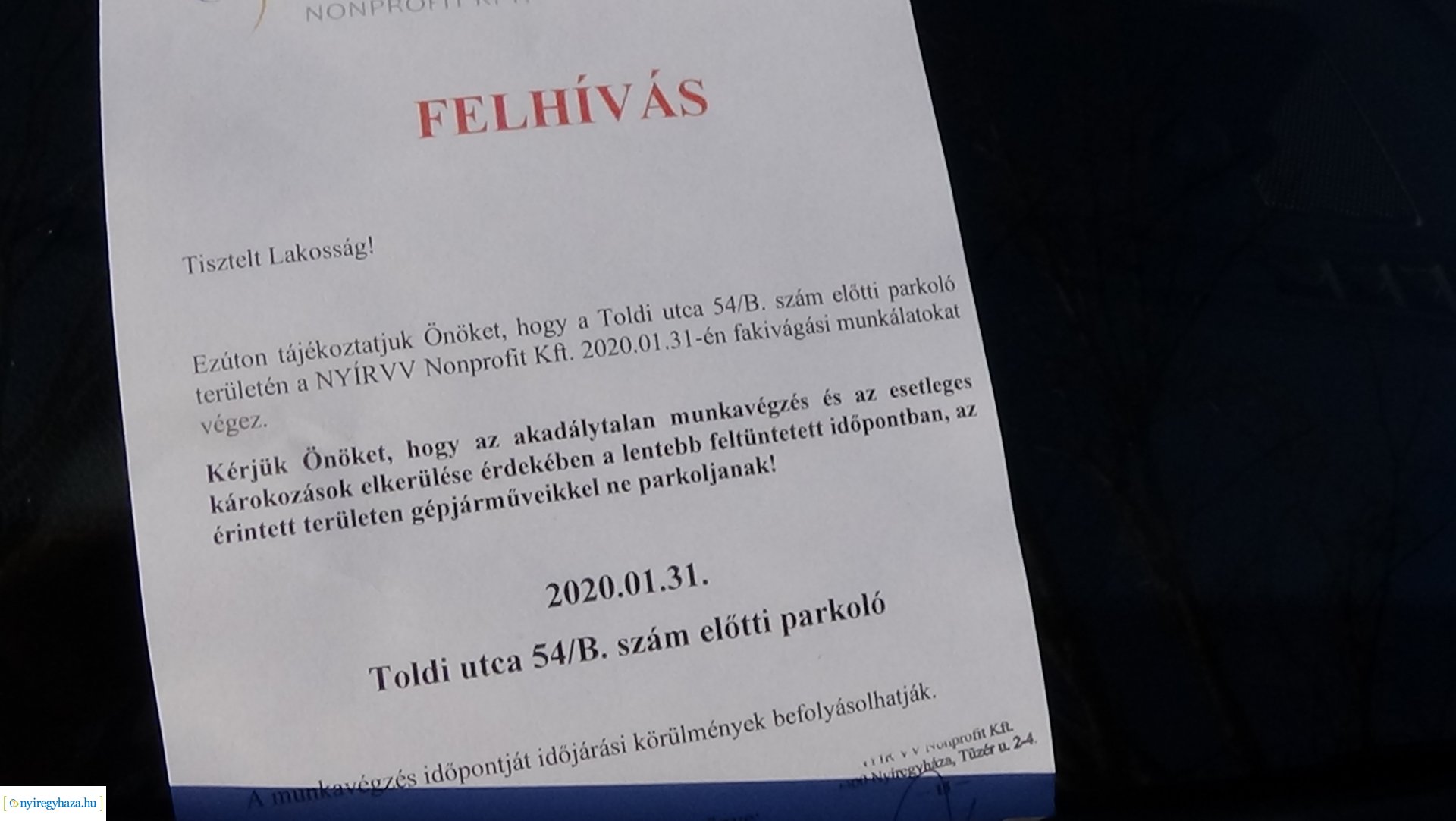 Fakivágás várható a Toldi utca 54/B. szám előtti parkoló területénél