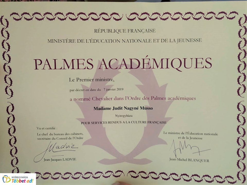 Francia állami kitüntetésben részesült Nagyné Mussó Judit