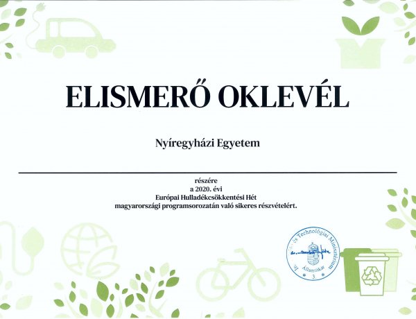 Kevesebb hulladék – Elismerő oklevél a Nyíregyházi Egyetemnek     