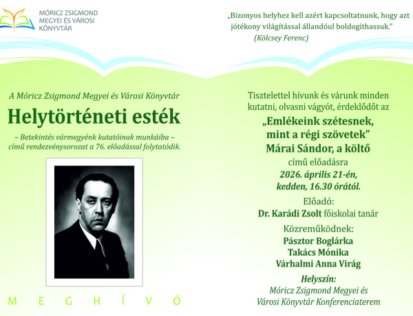 Márai Sándor költészetéről szól a következő helytörténeti est
