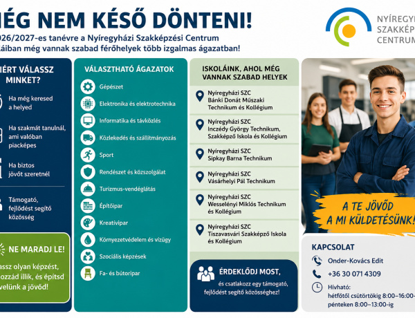 Még vannak szabad férőhelyek a Nyíregyházi Szakképzési Centrum intézményeiben