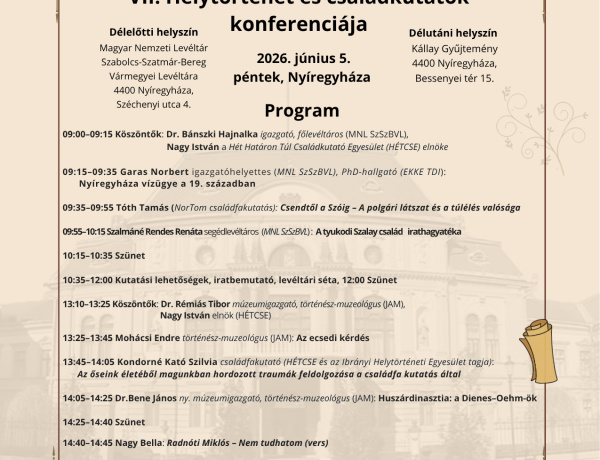 Helytörténeti és családkutató konferenciát rendeznek Nyíregyházán