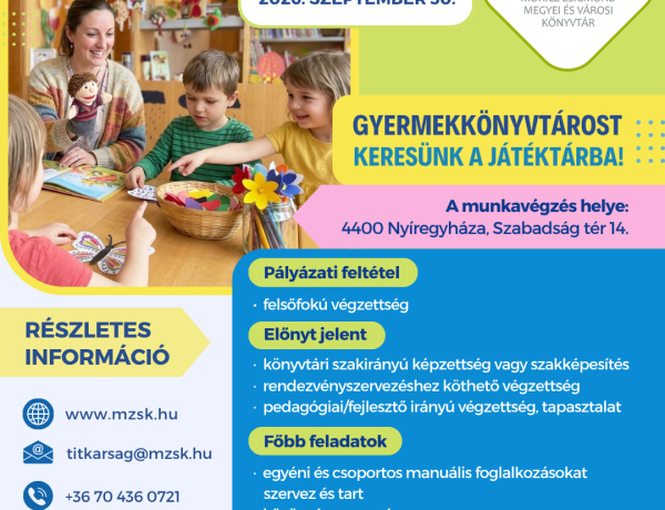 Gyermekkönyvtárost keres a Móricz Zsigmond Könyvtár – Szeptember végéig várják a jelentkezőket
