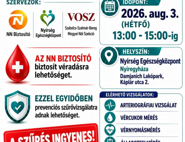Ingyenes egészségügyi szűrővizsgálatok és véradás Nyíregyházán – prevenciós délután a Nyírség Egészségközpontban