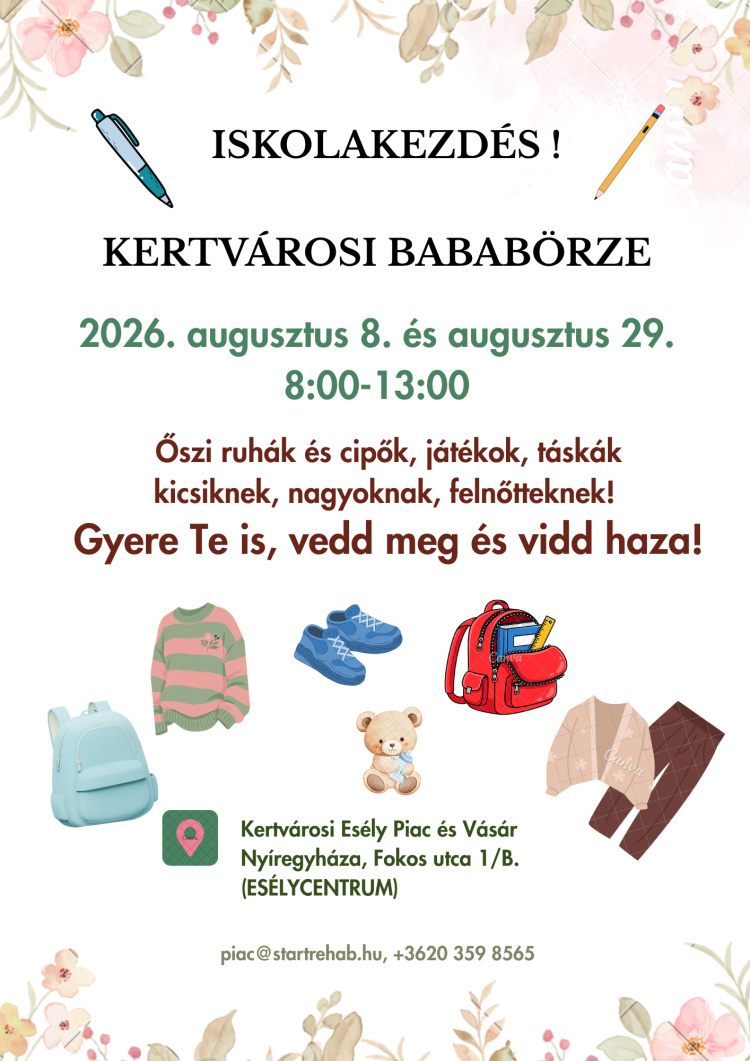 Iskolakezdésre készül? Kétszer is várja a családokat a Kertvárosi Bababörze Nyíregyházán