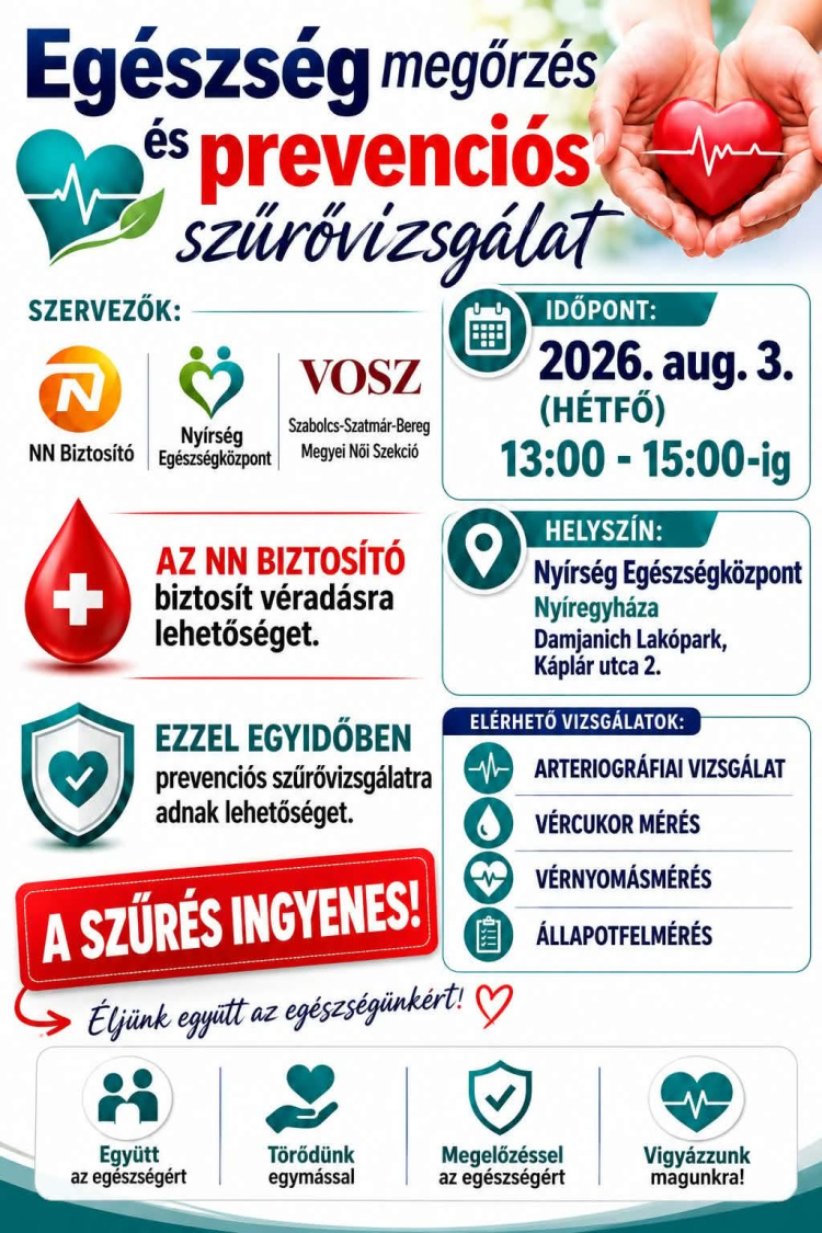 Ingyenes egészségügyi szűrővizsgálatok és véradás Nyíregyházán – prevenciós délután a Nyírség Egészségközpontban